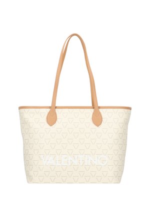 Beige Valentino tote bag met tan leren handvatten en biezen, met een herhaald "V" patroon en groot Valentino-logo aan de voorkant.