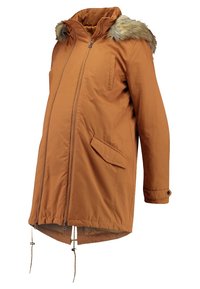 Manteau d’hiver de maternité marron avec fermetures éclair à l’avant, capuche bordée de fausse fourrure, deux poches latérales et cordons de serrage réglables à l’ourlet.