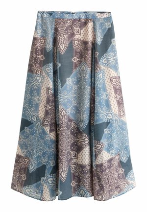 Blue and gray midi skirt with a patchwork paisley pattern and an A-line silhouette.