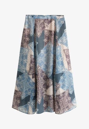 Blauer und grauer Midirock mit einem Patchwork-Paisley-Muster und einer A-Linien-Silhouette.