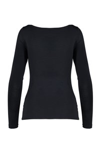 Czarny long-sleeve top z dekoltem w serek, wykonany z elastycznego materiału, o dopasowanym kroju i gładkiej teksturze.