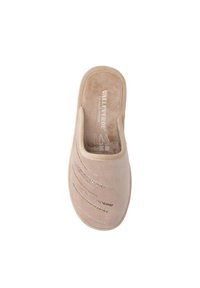 Pantofole beige con una texture morbida, forma arrotondata e accenti metallici decorativi in un motivo a zigzag. Logo del marchio stampato all'interno.