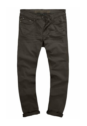 Dunkelgraue Jeans mit Slim-Fit, ausgestattet mit einem Knopf- und Reißverschluss, Fünf-Taschen-Design und umgeschlagenen Säumen für einen lässigen Look.