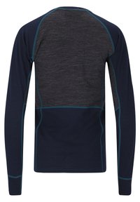 Långärmad skjorta med en mörkgrå baksida, marinblå framsida och turkosa stygn. Har en sömlös design för komfort och flexibilitet.