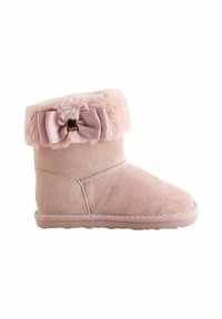 Stivale alla caviglia in suede rosa con un morbido colletto in pelliccia sintetica e un grande fiocco decorativo sul retro, dotato di suola piatta in gomma.