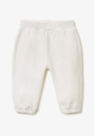 Witte babybroek met elastische tailleband en boorden, gemaakt van zachte stof voor comfort en warmte.