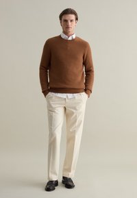 Brown textured sweater, white collared shirt underneath, light cream striped pants, and black shoes. No visible patterns or accents.