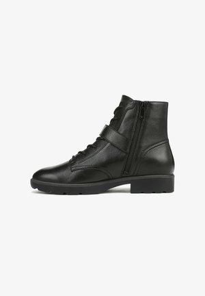 Black ankle boots made of textured leather featuring a front lace design and a side zipper. Sturdy rubber sole with traction patterns.