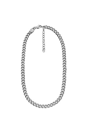 Collier chaîne en métal argenté avec des maillons épais et une fermeture à fermoir réglable sur fond blanc.