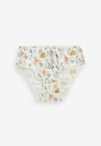 Witte kinderonderbroek met een verscheidenheid aan kleurrijke cartoonfiguren, bloemachtige patronen en een zachte elastische tailleband.