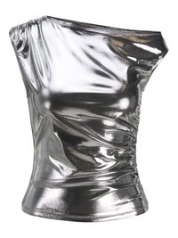 Top argentato metallico con design a spalla unica, texture arricciata e silhouette aderente, realizzato in un tessuto lucido ed elastico.