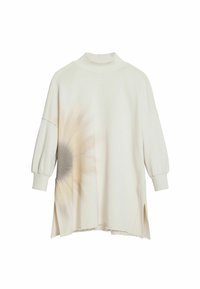 Felpa oversize color crema con colletto alto e maniche a sbuffo. Presenta un motivo floreale sbiadito sul davanti e fessure laterali.