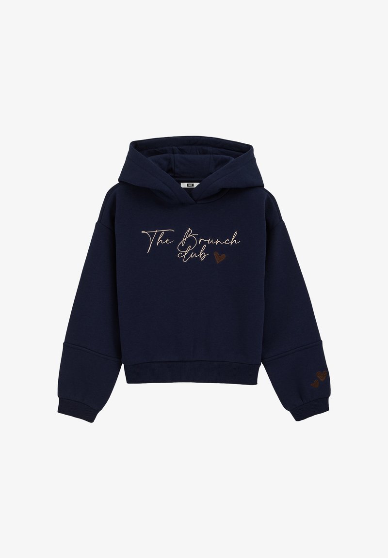 Marinblå kort hoodie med dragsko, som har "The Brunch Club" i metallisk guld och ett litet hjärtaccent på ärmen. Mjuk tyg.