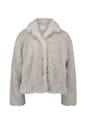 Fuzzy, light gray cropped jacket with a plush texture, notched collar, and long sleeves. Closed front without visible fasteners.