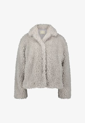 Futrzana, jasnoszara kurtka typu cropped o pluszowej teksturze, z klapowanym kołnierzem i długimi rękawami. Z przodu zamykana bez widocznych zapięć.