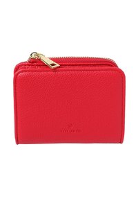 Red leather wallet with a textured finish, featuring a gold zipper closure and embossed logo on the front. Compact rectangular design.