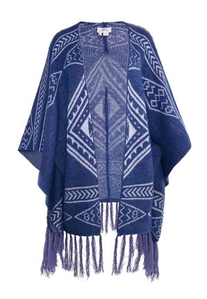 Marineblauer Poncho mit geometrischen weißen Mustern, lockerer Schnitt, offener Vorderseite und fransensaum für zusätzlichen Textur.