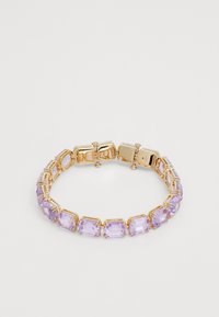 Gold-tone bracelet featuring faceted lavender rectangular stones, linked together with metal accents, polished finish, and a secure clasp.