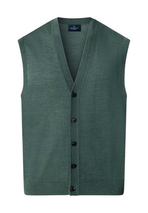 Veste tricotée sans manches verte avec col en V et cinq boutons noirs sur le devant, avec la marque Hackett London à l'intérieur du col.