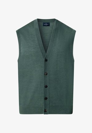 Grünes ärmelloses Strickweste mit V-Ausschnitt und fünf schwarzen Knöpfen auf der Vorderseite, im Kragen innen mit Hackett London gebrandet.