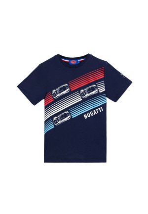 Navy blue short-sleeve shirt with red, white, and blue diagonal stripes, white car illustrations, and "BUGATTI" text on front.