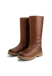 Een paar hoge bruine leren laarzen met beige zolen, afgeronde neuzen en subtiele zijstiksels, geplaatst tegen een witte achtergrond.