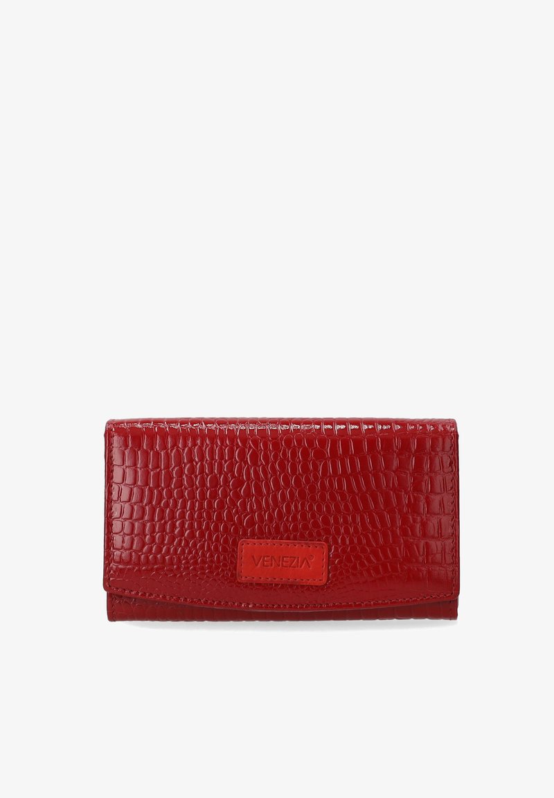 Rood leren portemonnee met een krokodillenstructuur, versierd met een rechthoekige vorm en een klein oranje logo-label. Gladde afwerking met een glanzend uiterlijk.
