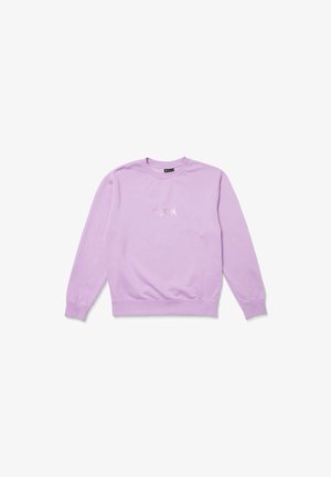 Lila Sweatshirt aus weichem Stoff mit langen Ärmeln, Rundhalsausschnitt und einem Logo-Detail in einem helleren Lilaton auf der Vorderseite.