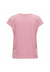 T-shirt rosa a maniche corte con scollo rotondo, presenta una sottile texture a costine e un tessuto morbido. La vista posteriore mostra una vestibilità morbida.