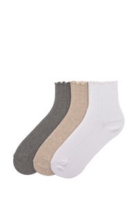 Three pairs of ankle socks in dark gray, beige, and white. Each features a ribbed texture with a scalloped edge at the top.