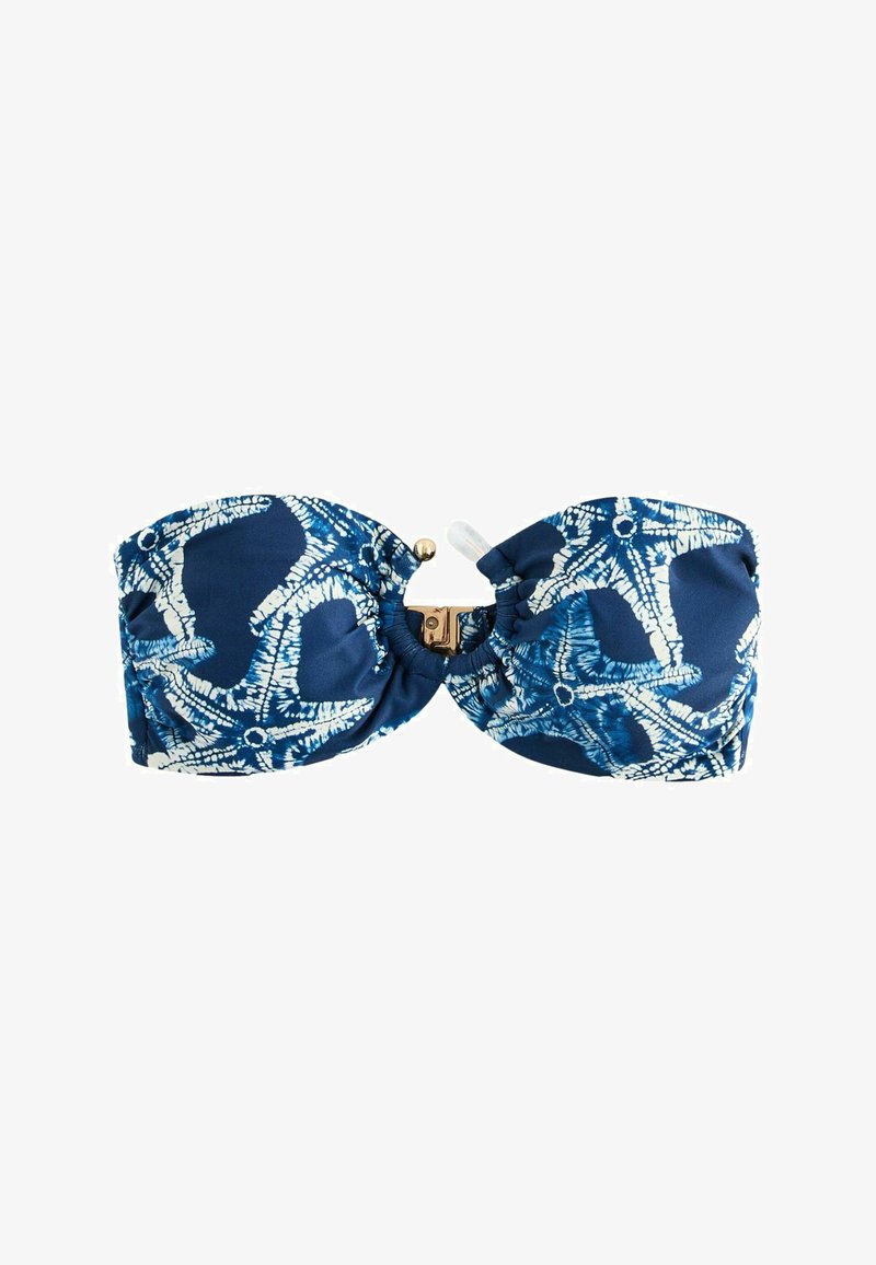 Haut de bikini bandeau bleu avec motifs d'étoiles de mer blanches et un détail central avec une fermeture à clip dorée.