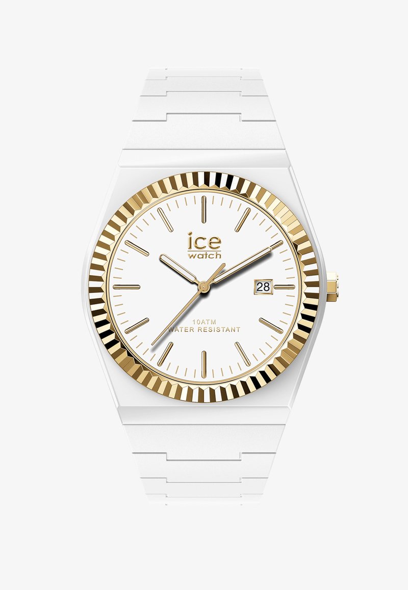 Biały zegarek na nadgarstek z złotą ramką, złotymi znacznikami godzin i wskazówkami, wyświetlaczem daty o godzinie 3, oznaczony napisami "ice watch" i "wodoodporny do 10 ATM".