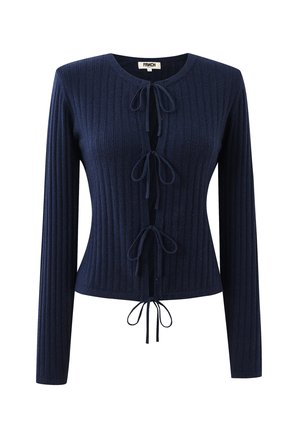 Marine ribbelgebreide cardigan met een ronde halslijn, voorkant met strik, lange mouwen en een aansluitend ontwerp. Textuurstof en subtiele glansdetails.