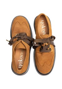 Chaussures en daim marron à forme arrondie, avec de larges lacets en ruban marron, des œillets dorés et semelles en caoutchouc noir. Logo imprimé à l'intérieur.