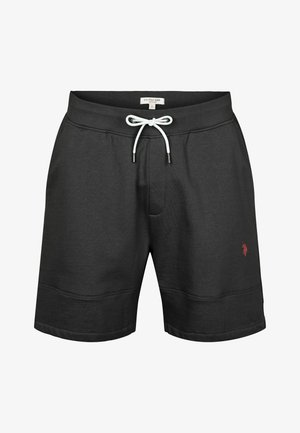 Melni kokvilnas šorti ar elastīgu jostu, baltu auklu un mazu sarkanu logo apakšējā kreisajā pusē. Raksturīga gluda tekstūra.