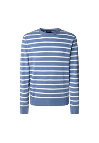 Pruhovaný svetr v světle modré a bílé barvě, s kulatým výstřihem, dlouhými rukávy, žebrovanými manžetami a lemem. Vyrobený z měkkého, texturovaného pleteného materiálu.