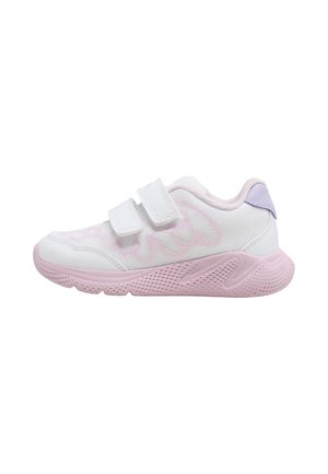 Sneaker bianca e rosa per bambini con doppia chiusura in velcro, tomaia in mesh traspirante e suola rosa texturizzata.