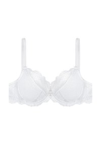 Weißer Spitzen-BH mit geformten Cups, gewellten Kanten, verstellbaren Trägern und einem zentralen Hakenverschluss. Zartes florales Muster auf der gesamten Fläche.