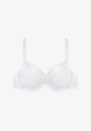 Biały koronkowy stanik z formowanymi miseczkami, falbaniastymi krawędziami, regulowanymi ramiączkami i centralnym zapięciem na hak. Delikatny wzór kwiatowy na całej powierzchni.