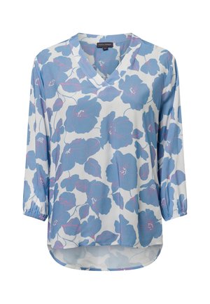 Blusa floreale in blu chiaro e bianco, con scollatura a V, maniche a tre quarti con polsini elasticizzati e orlo curvo.