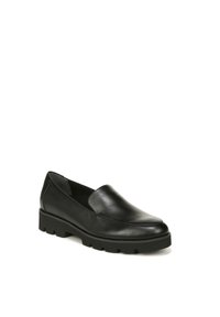 Zwarte leren instap schoenen met een ronde neus, minimale stiksels en een dikke, gestructureerde rubberen zool. Gladde afwerking, geen opvallende hardware.