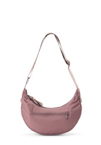 Rosa Nylon-Umhängetasche mit einer gebogenen, halbkreisförmigen Form. Verfügt über eine Reißverschlusstasche und einen dünnen, verstellbaren Gurt. Weiche Textur.
