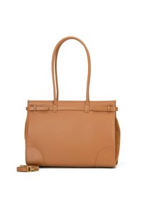 Torebka tote wykonana z brązowej skóry z dwiema długimi rączkami, gładką powierzchnią i prostokątnym kształtem. Posiada subtelne przeszycia oraz regulowany pasek.