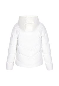 Giacca puffer bianca con cappuccio, caratterizzata da cuciture orizzontali e texture imbottita. Design di lunghezza media con polsini ed orlo elasticizzati.