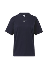 Námořnická modrá bavlněná trička s krátkým rukávem, kulatým výstřihem a bílým logem Reebok na hrudi. Bez vzorů, hladká textura.