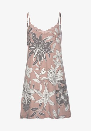 Blumennachtkleid in Rosa mit grauen und weißen Blumenmustern, verstellbaren Spaghettiträgern und Spitzendetails am Ausschnitt. Weicher Stoff, lockerer Schnitt.