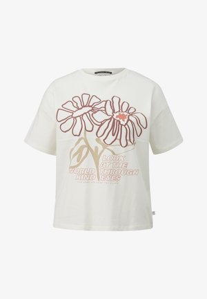 Weißes Baumwoll-T-Shirt mit einem floralen Grafikdesign in Erdtönen und Text. Kurze Ärmel, lockere Passform und runder Ausschnitt.