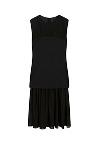 Schwarzes, ärmelloses Kleid mit tailliertem Oberteil und gerafftem Taillenbund, das in einen ausgestellten, gefalteten Rock übergeht. Glatte Textur, knielang.