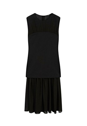 Abito nero senza maniche con corpetto aderente e vita arricciata, che scende in una gonna svasata e plissettata. Tessuto liscio, lunghezza al ginocchio.