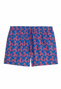 Shorts de bain pour hommes avec un fond bleu et un motif répétitif de chiens en ballon roses. Taille élastique avec cordon de serrage.